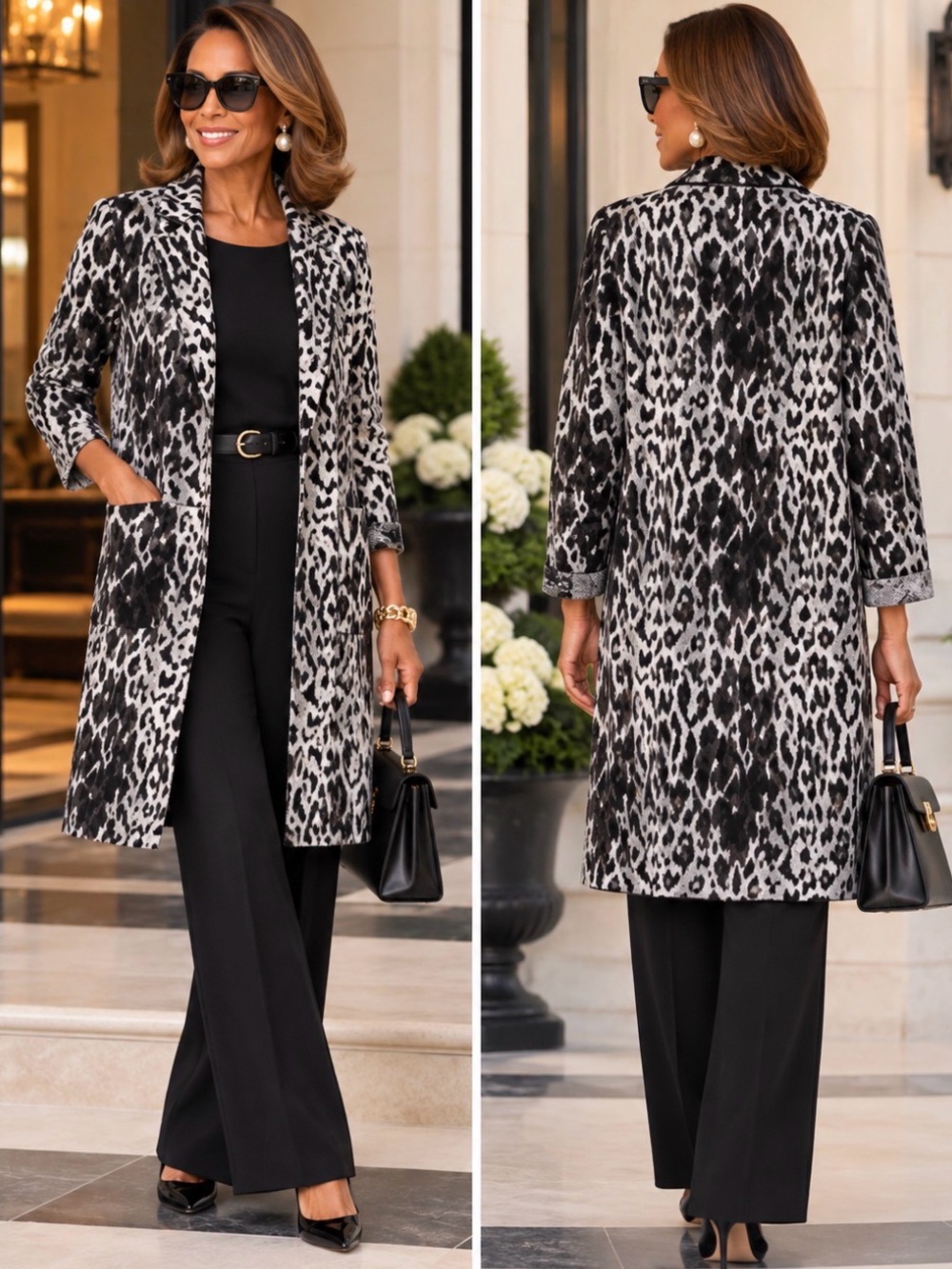 Sioni Leopard Jacquard Longline Jacket Black Gray Size Large